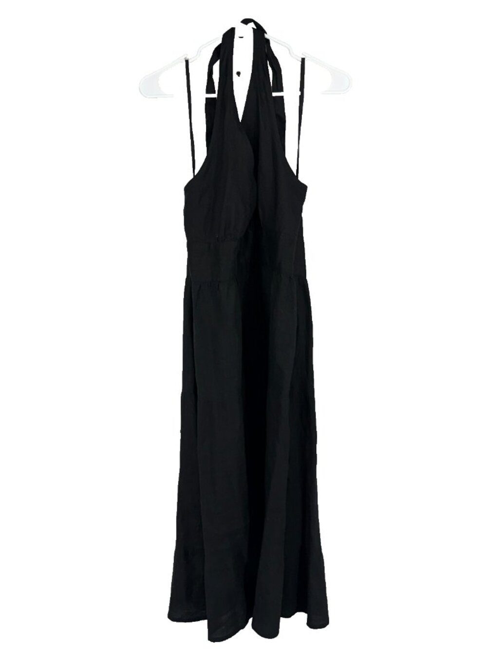 Garnet Hill Women 10 Linen Halter Dress Black Midi Length V Neck Crossover Light